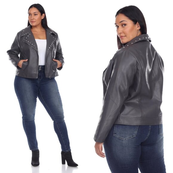 NWT White Mark Grey Studded Faux Leather Moto Jacket 1X - Picture 1 of 12